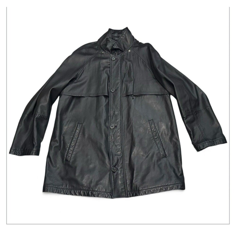 VTG Canali Italy Black Leather Car Coat Size 54 Missing Hood
